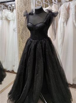 Picture of Black Color Tulle Floor Length Long Party Dresses with Slit, Black Color Evening Dress